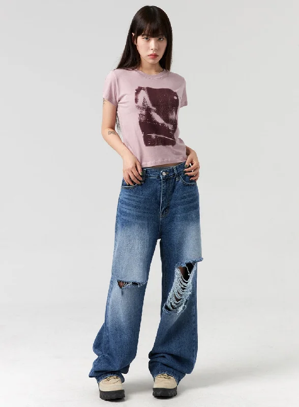 Valentine's Day Jeans for Romantic -Mid-Wash Ripped Jeans CL328