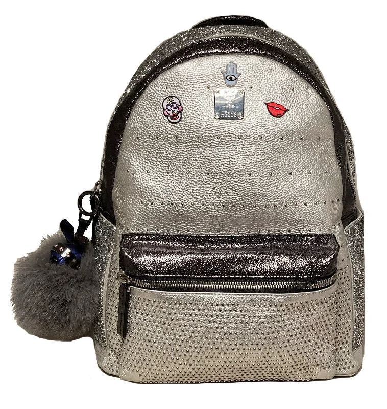 Ergonomic backpack for kids with back support -MCM Special Edition Silver Leather Swarovski Crystal Backpack with Rabbit Charm