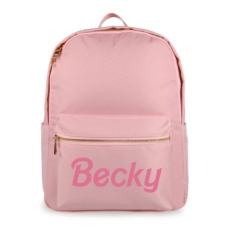 Vintage style backpack for retro aesthetic lovers -Personalised Barbie Nylon Backpack - Pink with Gold Hardware