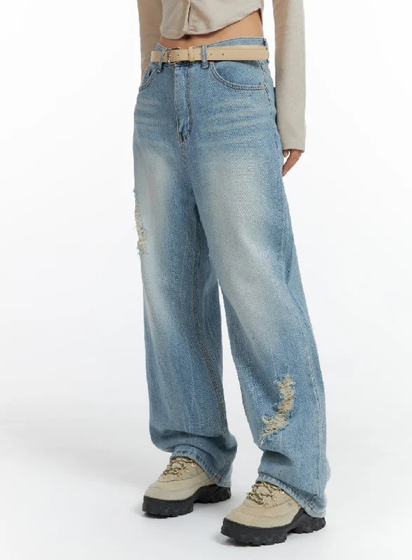 Stretch Jeans for Flexibility -Distressed Wide-leg Jeans CF419