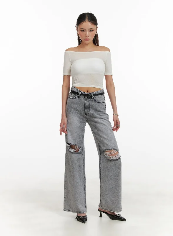 School Jeans for Uniform -Ripped Loose Fit Bootcut Jeans CY402