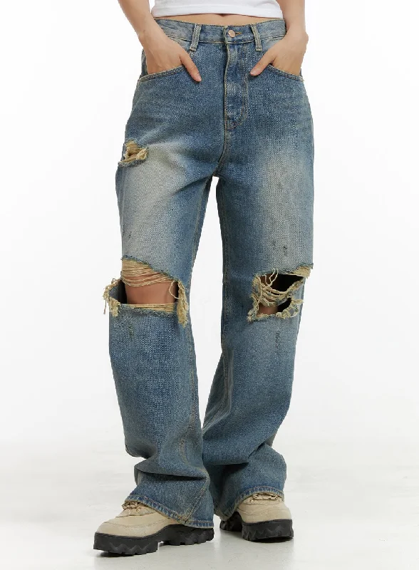 Outdoor Jeans for Adventures -Destroyed Baggy Jeans CU405