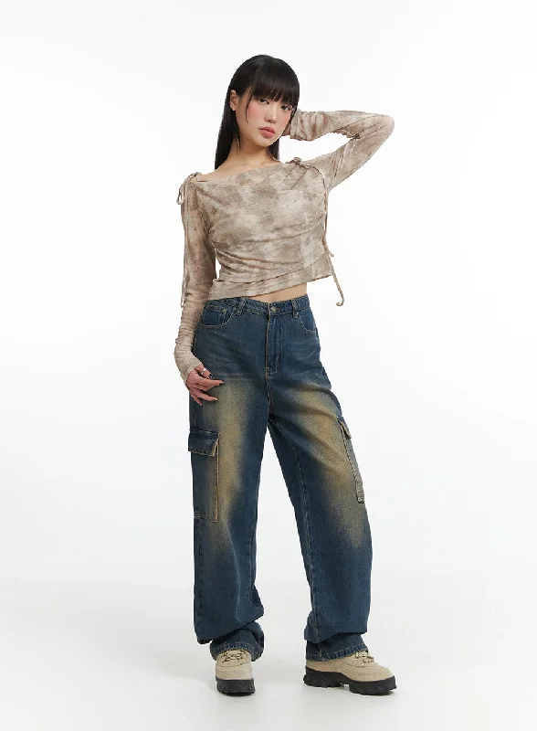 Fringed Jeans for Western -Denim High Waist Wide Leg Pocket Cargo Jeans IJ411