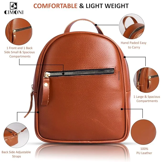 Multi-pocket backpack for organized travel gear -CIMONI® Vegan Leather Mini Backpack for Women Purse Multipurpose Travel Bag Fashion Casual Sling Bag with Adjustable Straps (Color - Brown)