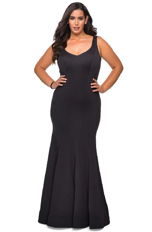 Plus size dresses featuring ruffle details add charm -La Femme - 28975 V-Neck Jersey Modest Prom Mermaid Dress