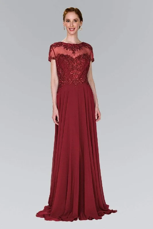 Plus size dresses with sleek lines look modern -Elizabeth K - GL2406 Short Sleeve Illusion Lace Ornate Chiffon Gown