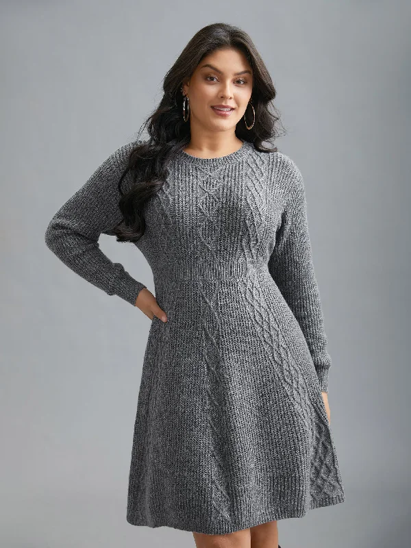 Plus size dresses with comfy fits ease days -Cable Knit Ribbed Waist Cinched Midi Sweater Dress