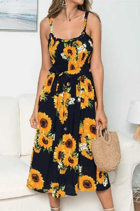 Plus size dresses with short sleeves suit spring -Smocked Sunflower Printed Sleeveless Cami Dress