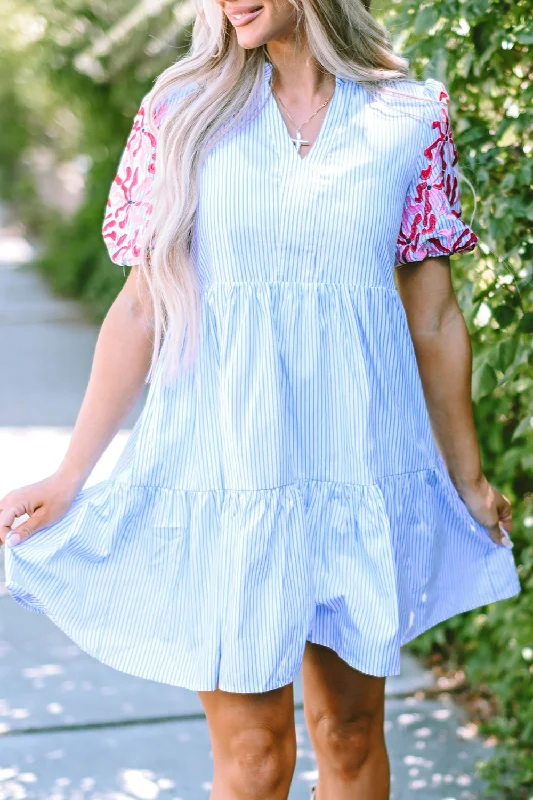 Plus size dresses with midi lengths balance well -Embroidered Striped Notched Short Sleeve Dress