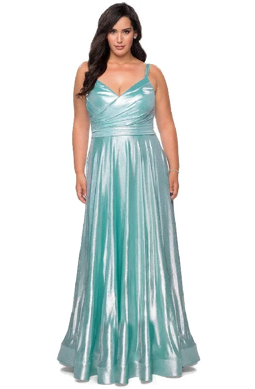 Plus size dresses with simple cuts stay timeless -La Femme - 28989 Metallic V-Neck Junior Prom Gown