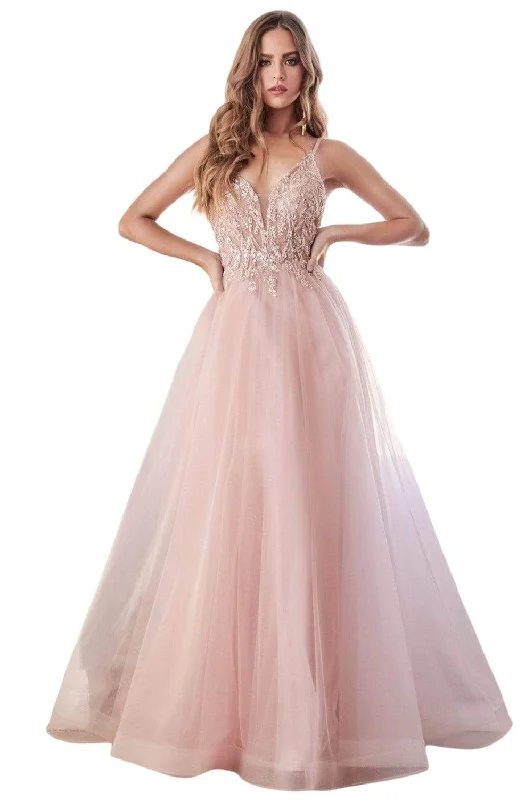 Plus size dresses featuring sequined tops glitter bright -Cinderella Divine - CD0154 Plunging Beaded Appliqued Tulle Dress