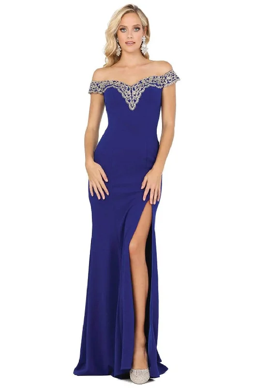 Plus size dresses for summer nights shimmer lightly -Dancing Queen - 4004 Lace Off Shoulder V Back High Slit Prom Dress