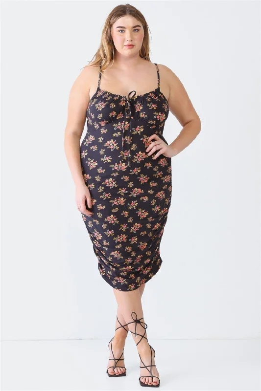 Plus size dresses with stretch panels move freely -Blue Leopard Plus Size Ruched Floral Square Neck Cami Dress