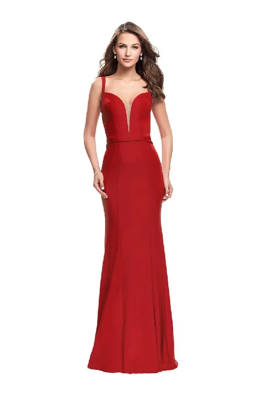 Plus size dresses featuring satin finishes feel smooth -La Femme Gigi - 25964 Deep V-neck Jersey Sheath Dress