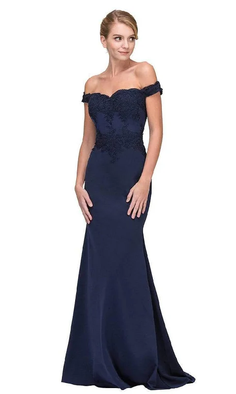 Plus size dresses with soft textures feel cozy -Eureka Fashion - 7100 Off Shoulder Lace Appliqued Jersey Mermaid Gown