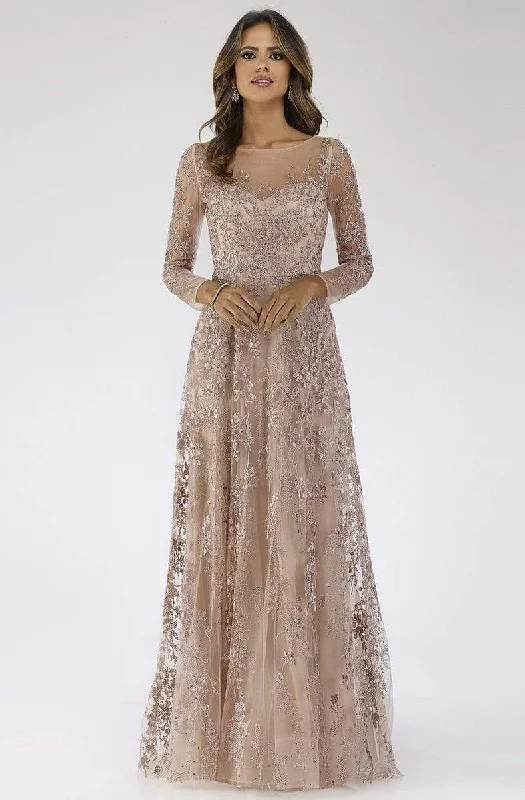 Plus size dresses featuring sequined tops glitter bright -Lara Dresses - 29677 Illusion Long Sleeve Lace Applique A-Line Gown