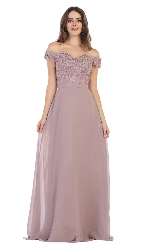 Plus size dresses for winter layer warmly -May Queen - MQ1601 Lace Appliqued Chiffon Off Shoulder Formal Gown