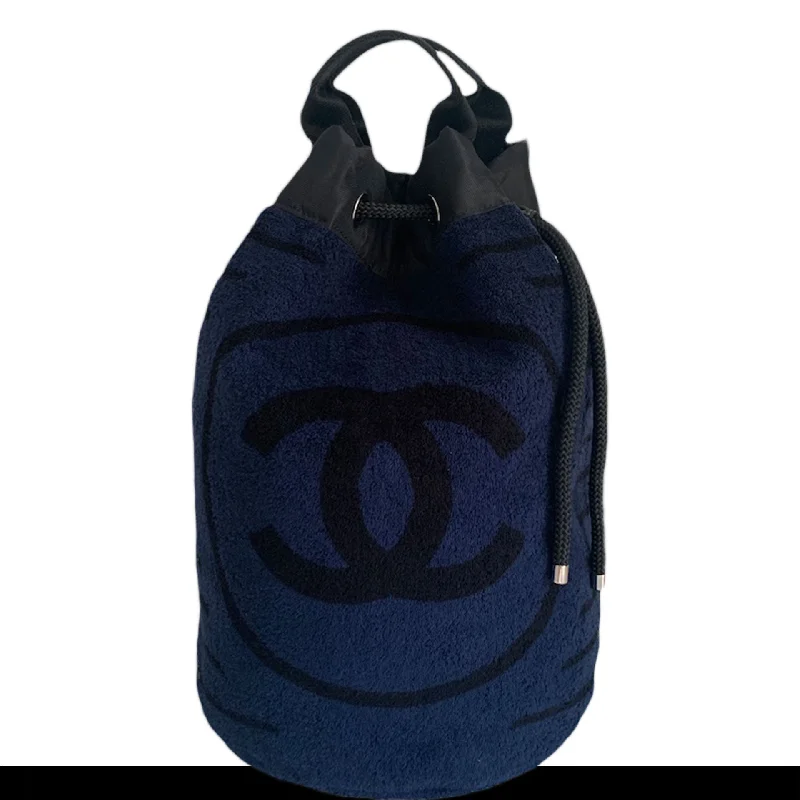 Travel backpack with detachable daypack feature -Chanel Dark Navy Blue Striped Beach Bag Drawstring Backpack