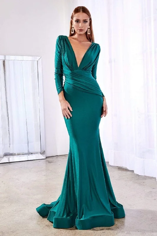 Plus size dresses featuring glitter accents sparkle bold -Cinderella Divine - CD0168 Plunging V-Neck Long Sleeve Mermaid Gown