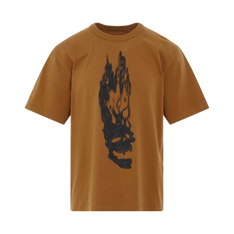 Heavy-duty canvas backpack for tough work environments -Flaming Skull Short Sleeve T-Shirt in Tobacco Brown/Black