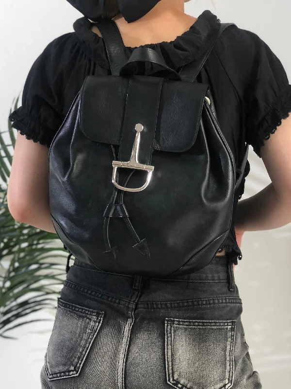 Cute pastel backpack for young girls’ trends -CELINE Horse Bit Leather Backpack Black Vintage fp635u