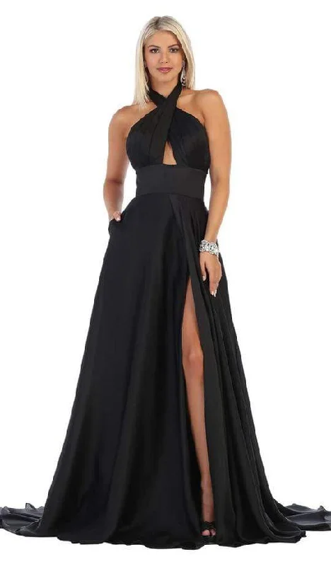 Plus size dresses featuring velvet textures feel plush -May Queen - Criss Cross Halter A-line Evening Dress MQ1631