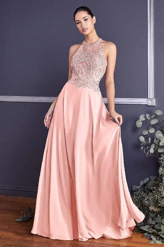 Plus size dresses for long days support fully -Cinderella Divine - Illusion Jewel Tonal Appliqued Long Evening Gown