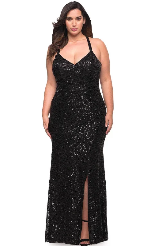 Plus size dresses featuring wrap styles are versatile -La Femme 29579 - Sparkling Halter Evening Dress