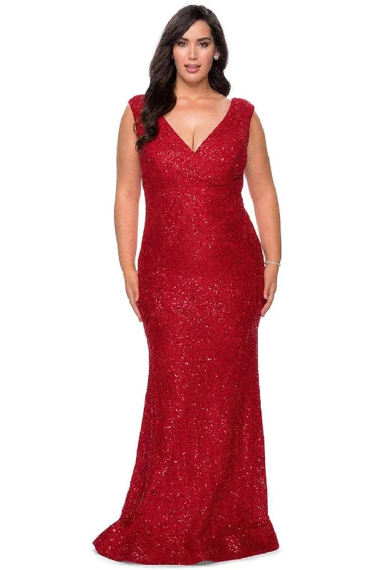 Plus size dresses with high waists define curves -La Femme - Beaded Lace Evening Gown 28837SC