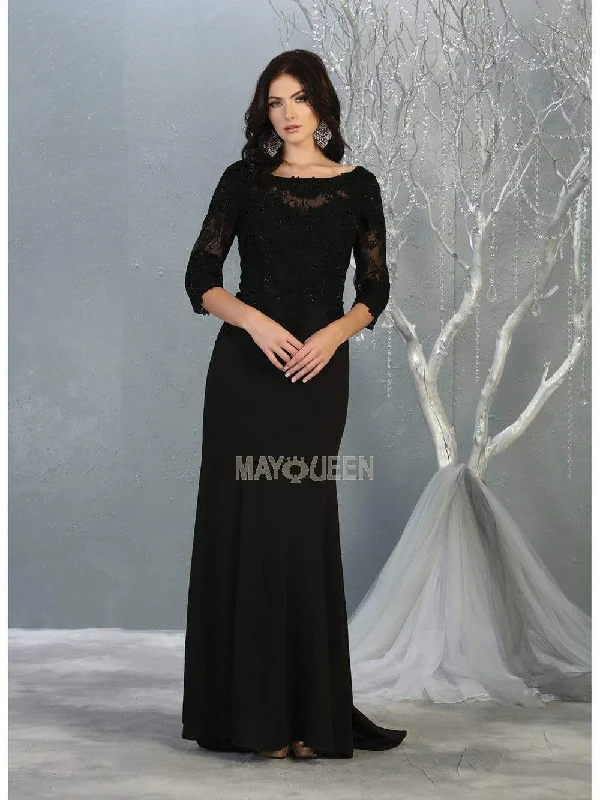 Plus size dresses featuring gemstone details shine subtle -May Queen - MQ1810 Sheer Quarter Sleeve Appliqued Trumpet Dress