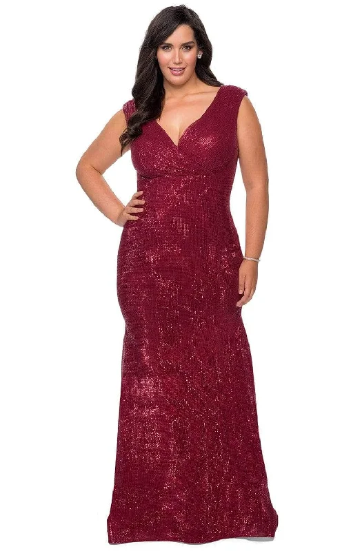 Plus size dresses with sleek designs suit all -La Femme - Sequined Faux Wrap Gown 28962SC