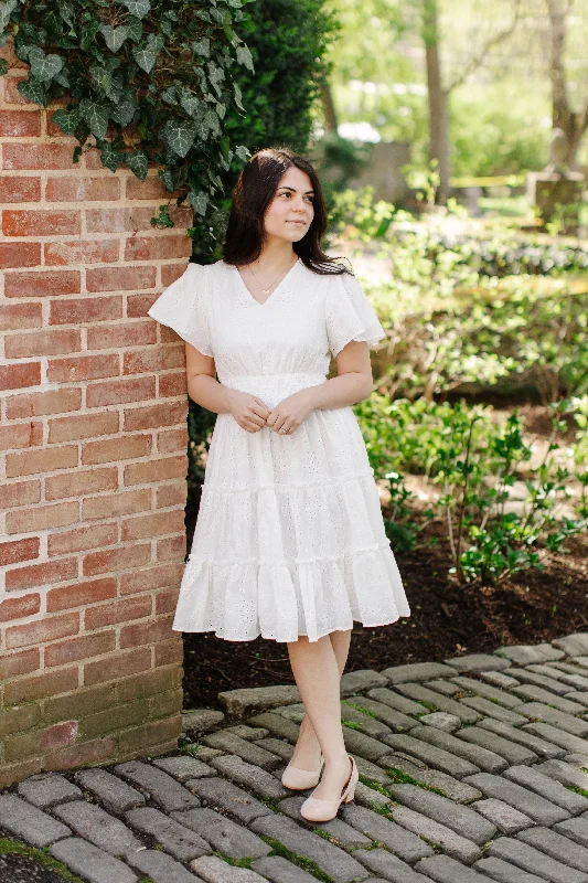 Plus size dresses featuring neutral tones pair easily -'Geneva' Flutter Sleeve Eyelet Petite Length Dress in White FINAL SALE