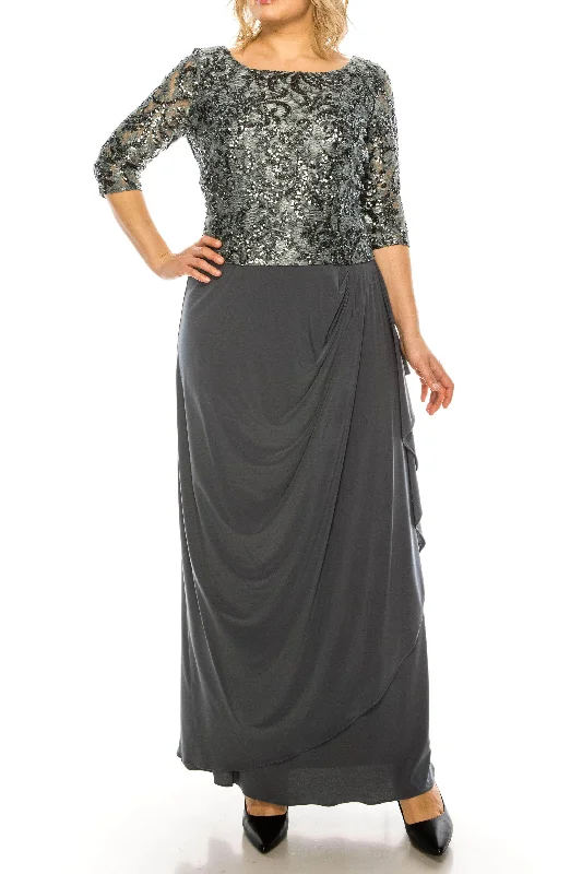 Plus size dresses for fancy nights shine bright -Maya Brooke 28232 - Silver Sequined Quarter Sleeved Formal Dress