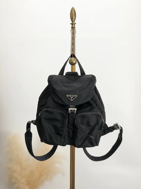 Heavy-duty canvas backpack for tough work environments -PRADA Triangle Logo Double Pocket Backpack Black Vintage yihcyk