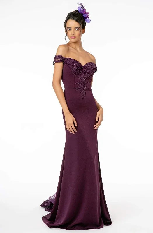 Flattering plus size dresses for curvy figures look stunning -Elizabeth K - GL2958 Beaded Lace Appliqued Off Shoulder Jersey Gown