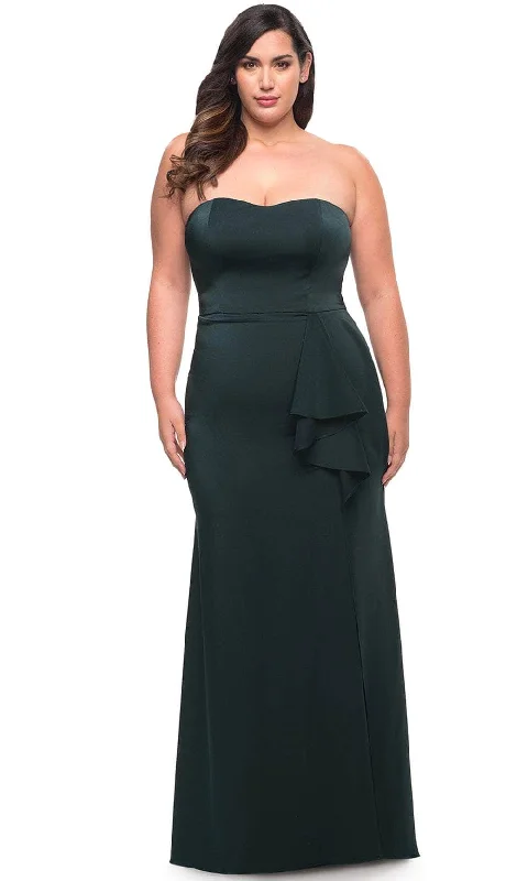 Plus size dresses with fit-and-flare shapes flatter -La Femme 29664 - Strapless Ruffled Slit Prom Gown