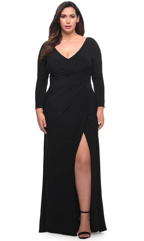 Plus size dresses with fitted bodices shape beautifully -La Femme 30071 - Long sleeve Ruched Long Dress