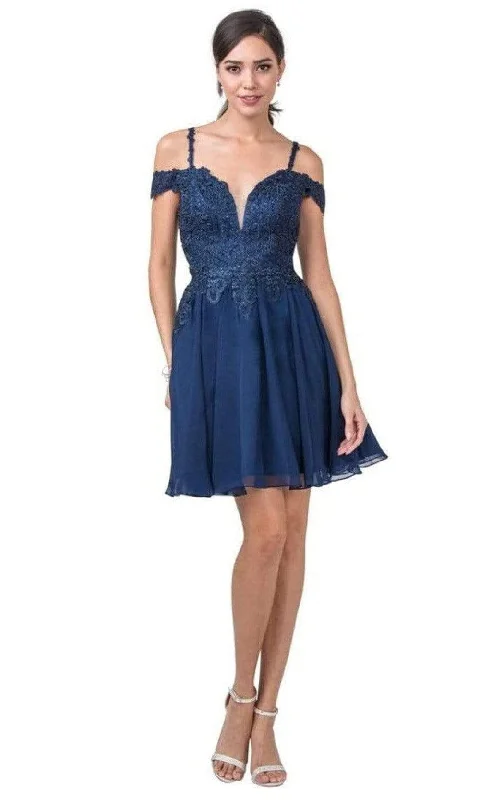 Plus size dresses featuring velvet textures feel plush -Aspeed Design - S2305 Cold Shoulder Embroidered Short Dress