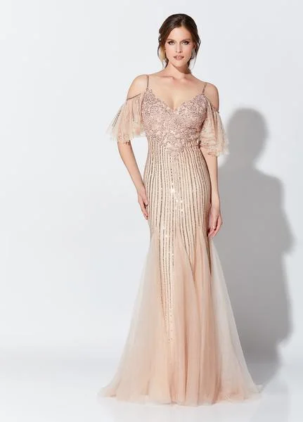 Plus size dresses featuring satin finishes feel smooth -Ivonne D for Mon Cheri - Beaded V-Neck Cold Shoulder Evening Dress 119D46 - 1 pc Rosegold/Nude in Size 12 Available