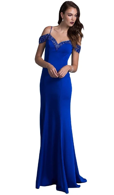 Aspeed Design - Long Bedazzled V-neck Sheath Prom Dress