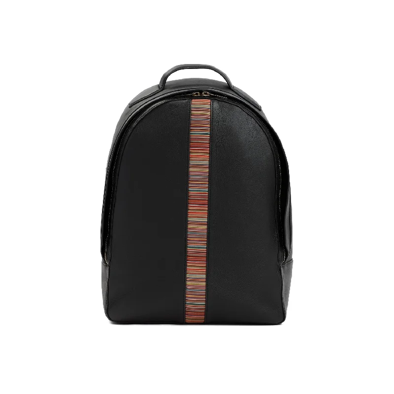 Outdoor survival backpack with emergency tool pockets -SIGNATURE STRIPE LEATHER BACKPACK