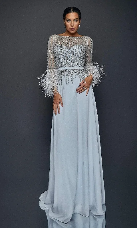 Plus size dresses with tough fabrics age well -Terani Couture - 1921M0473 Feather-Fringed Quarter Sleeve Jeweled Gown