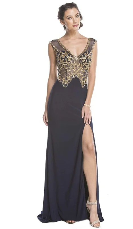 Plus size dresses with stretch panels move freely -Aspeed Design - Gold Embellished Evening Dress with Slit