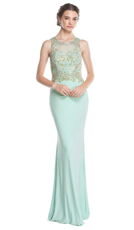 Plus size dresses with strong stitching last years -Aspeed Design - Sheer Jewel Neck Prom Sheath Dress