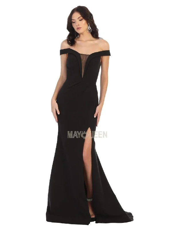 Plus size dresses for summer keep you cool -May Queen - MQ1748 Foldover Plunge Off Shoulder High Slit Dress