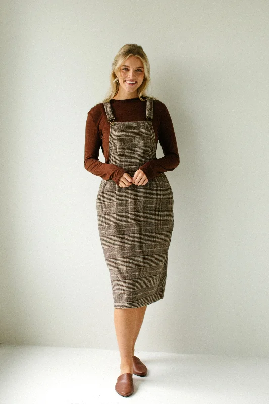 Plus size dresses with comfy fits ease days -'Oaks' Plaid Overall Dress in Brown FINAL SALE