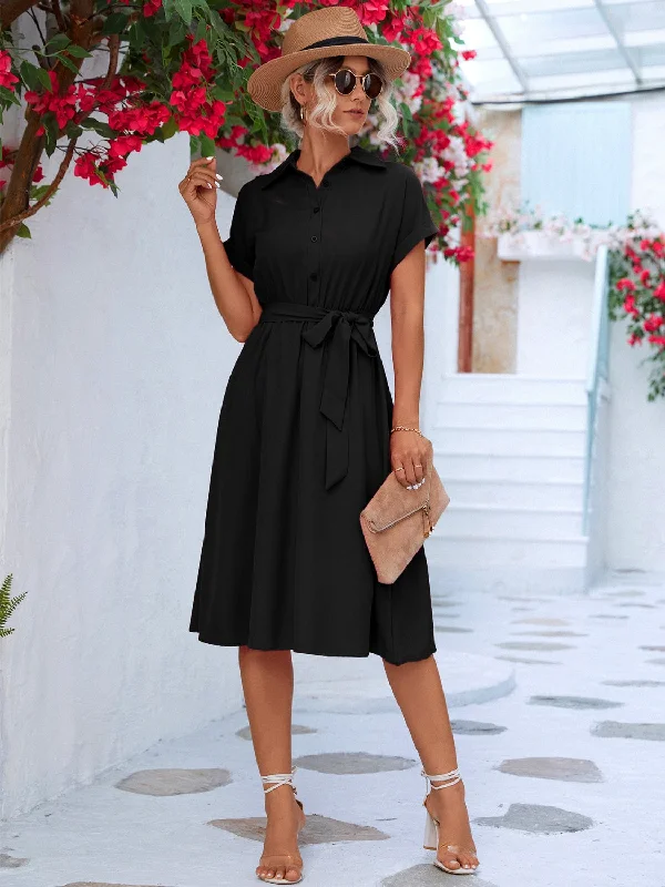 Plus size dresses for parties shine with confidence -Buttoned Tie Waist Short Sleeve Dress