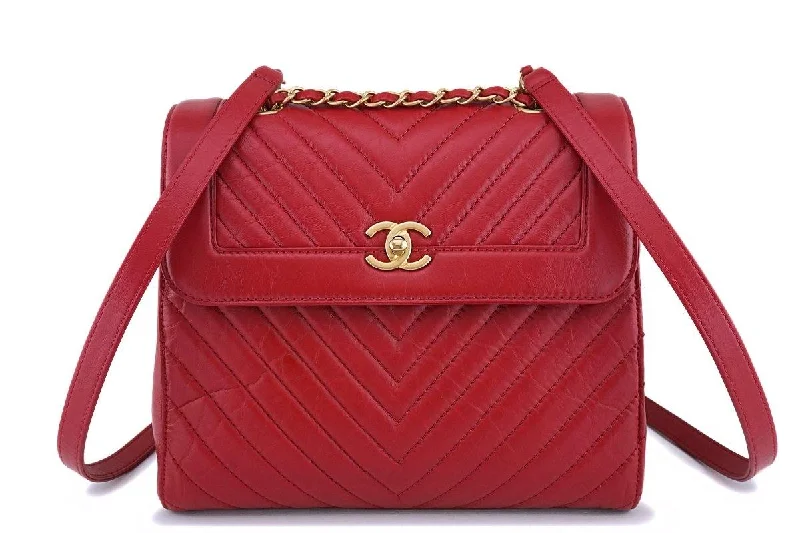 Hydration-compatible backpack for marathon running events -Chanel Red Aged Calfskin Large Chevron Framed Backpack Bag GHW