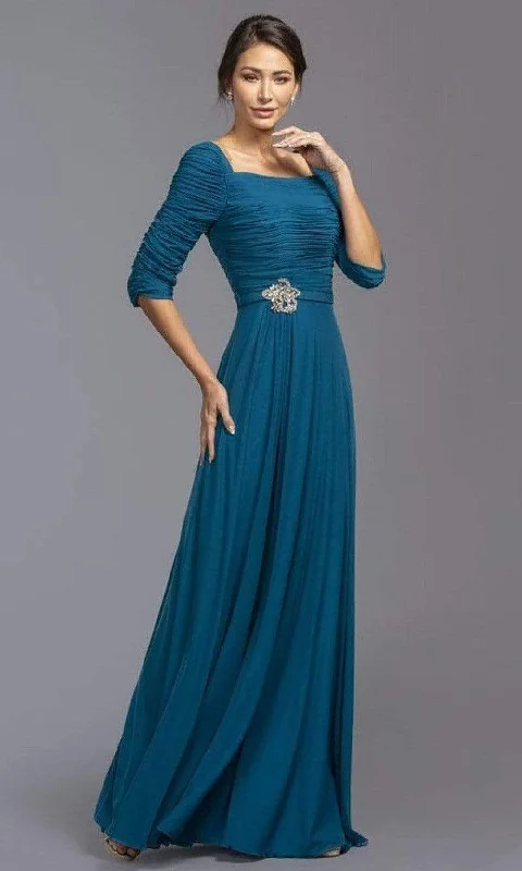 Plus size dresses featuring metallic hues shine soft -Aspeed Design - M2195 Shirred Brooch Accented Chiffon Dress