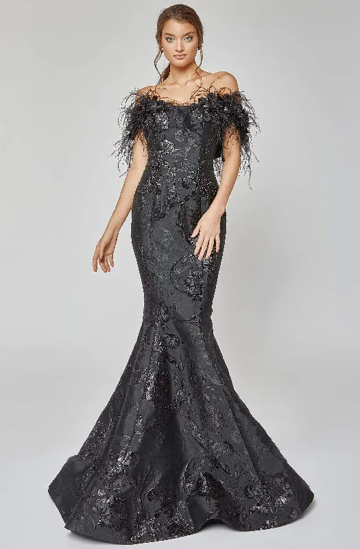 Plus size dresses for wet weather stay dry -Terani Couture - 1921E0136 Feather Off Shoulder Mermaid Evening Gown